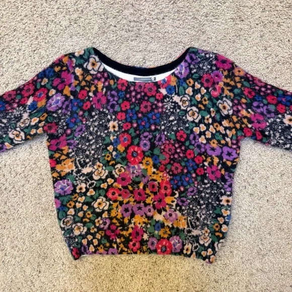 Anthropologie Floral Eyelash Multicolor Bouquet Flowers Romantic Fuzzy Sweater S - Picture 2 of 7